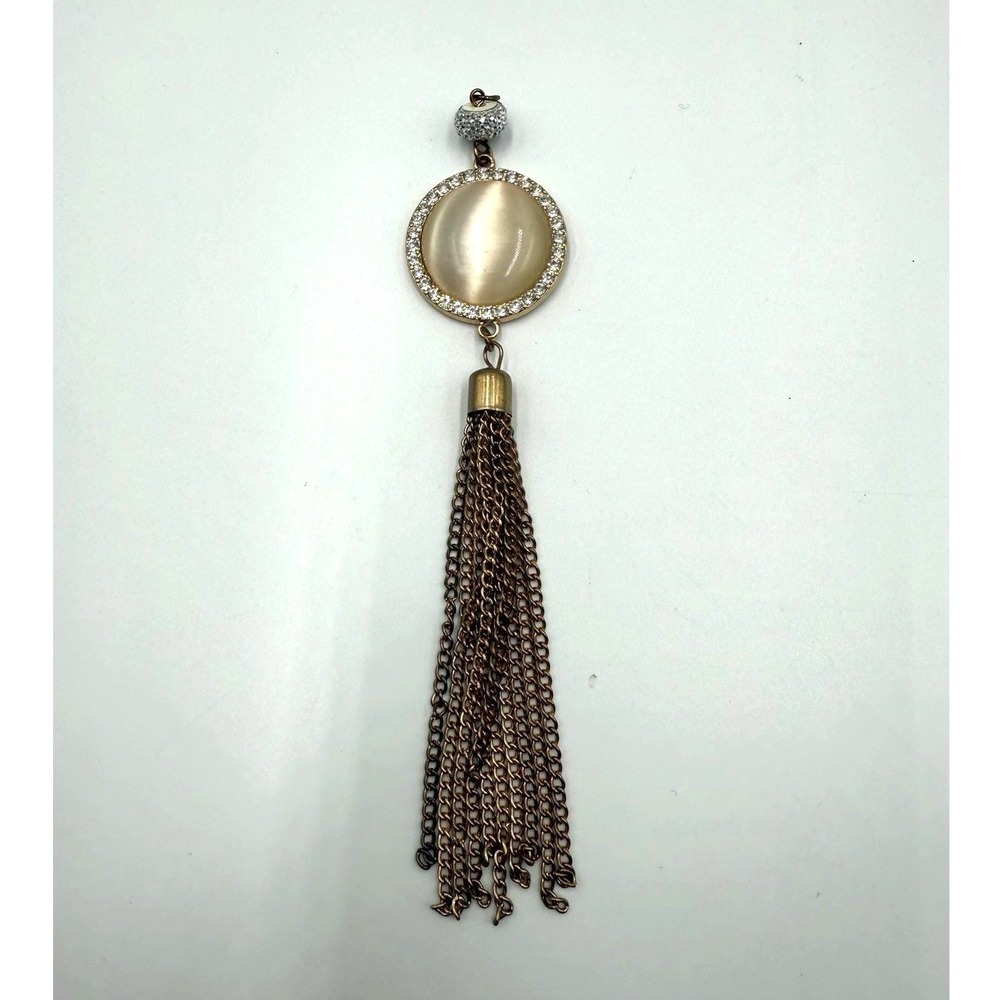 Gold Tone‎ Tassel Pendant Necklace Rhinestone Halo Cabochon Fringe Statement